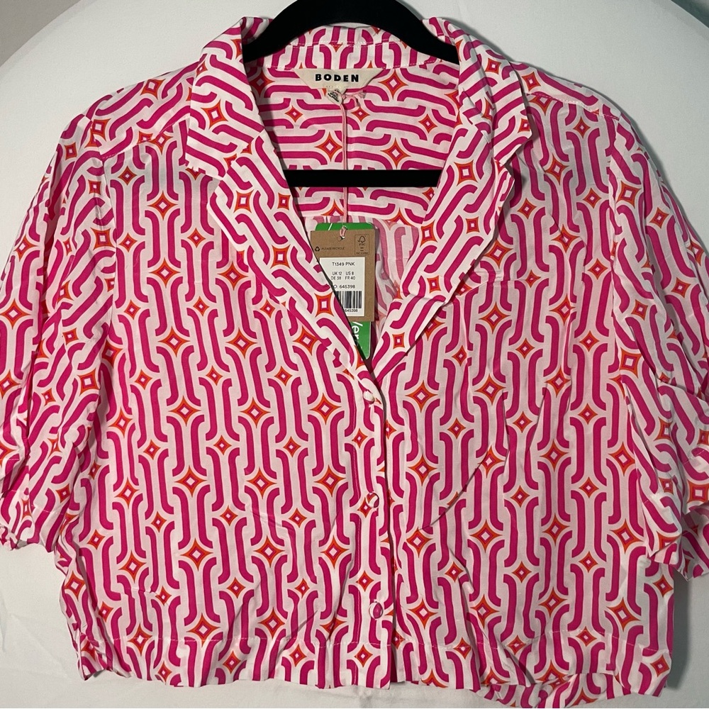 Boden Womens Cropped Revere Top Azure Geo in Festival Pink Size US 8 UK 12 NWT